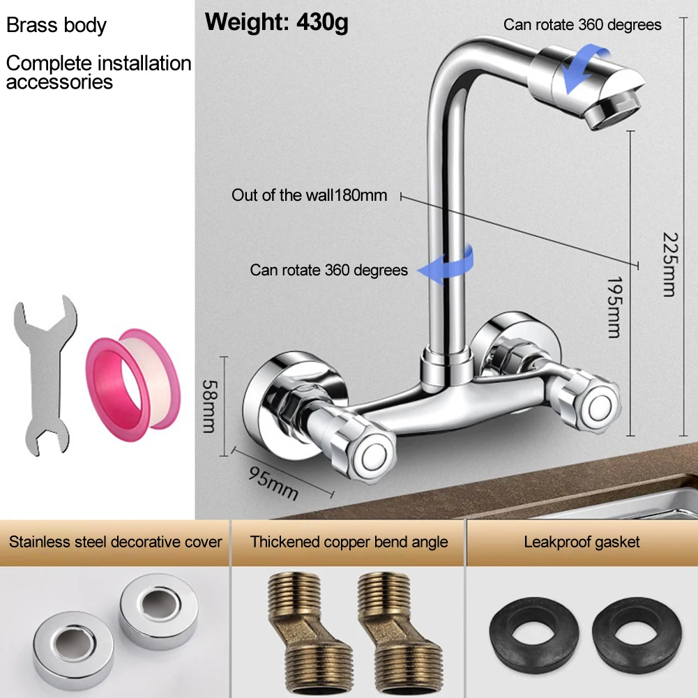 

Double Hole Wall Mounted Cold And Hot Faucet Balcony Rotating Kitchen Faucet For 360 Degree Swivel Sprayer Taps