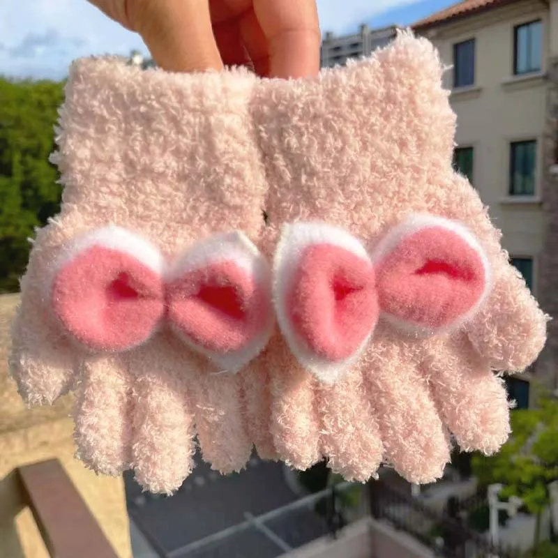 

Girls Plush Knitted Gloves Winter Keep Warm Cold-proof Full-finger Student Glove Children Outdoor Cute Bow Gloves 2-6 Years Old