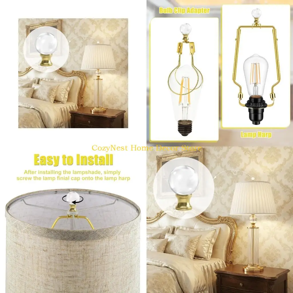92MF Crystal Lamp Top Knob Clear Glass-Look Shade Cap with Metal Base, 1/4-27 Threaded Nut, 2 Piece Set for Table or Floor Light