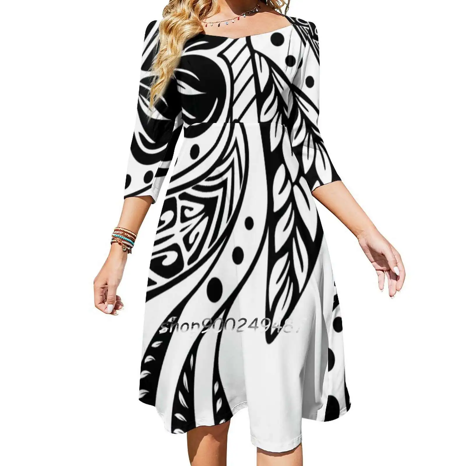 Polynesian Tribal Black And White Square Neck Dress New Plus Size Elegant Women Waist Tight Dress Hawaiian Hawaiian Samoan