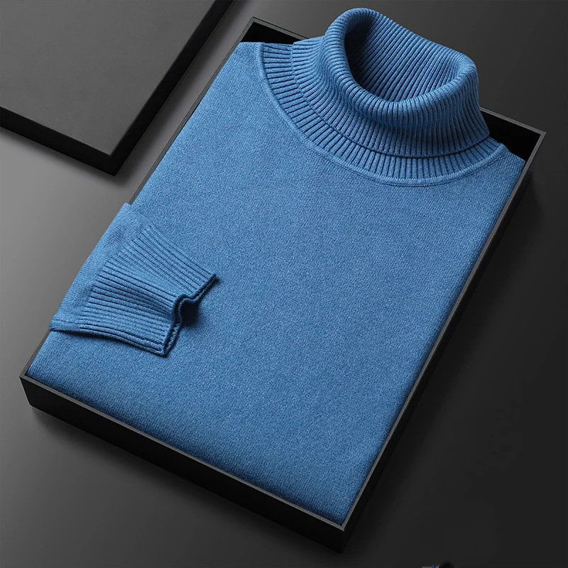 Otoño Invierno Slim Fit suéter de cuello alto hombres Color sólido cálido tejido jerseys hombre Casual prendas de punto jerseys de manga larga hombre