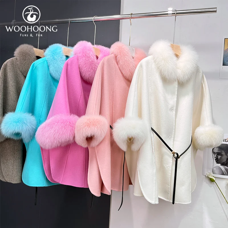 

New Winter Clothes Natural Fox Fur Sleeves Wool Coat Women'S Cape Cape Bat Cashmere Reversible Coat Real Fur Grass Coat