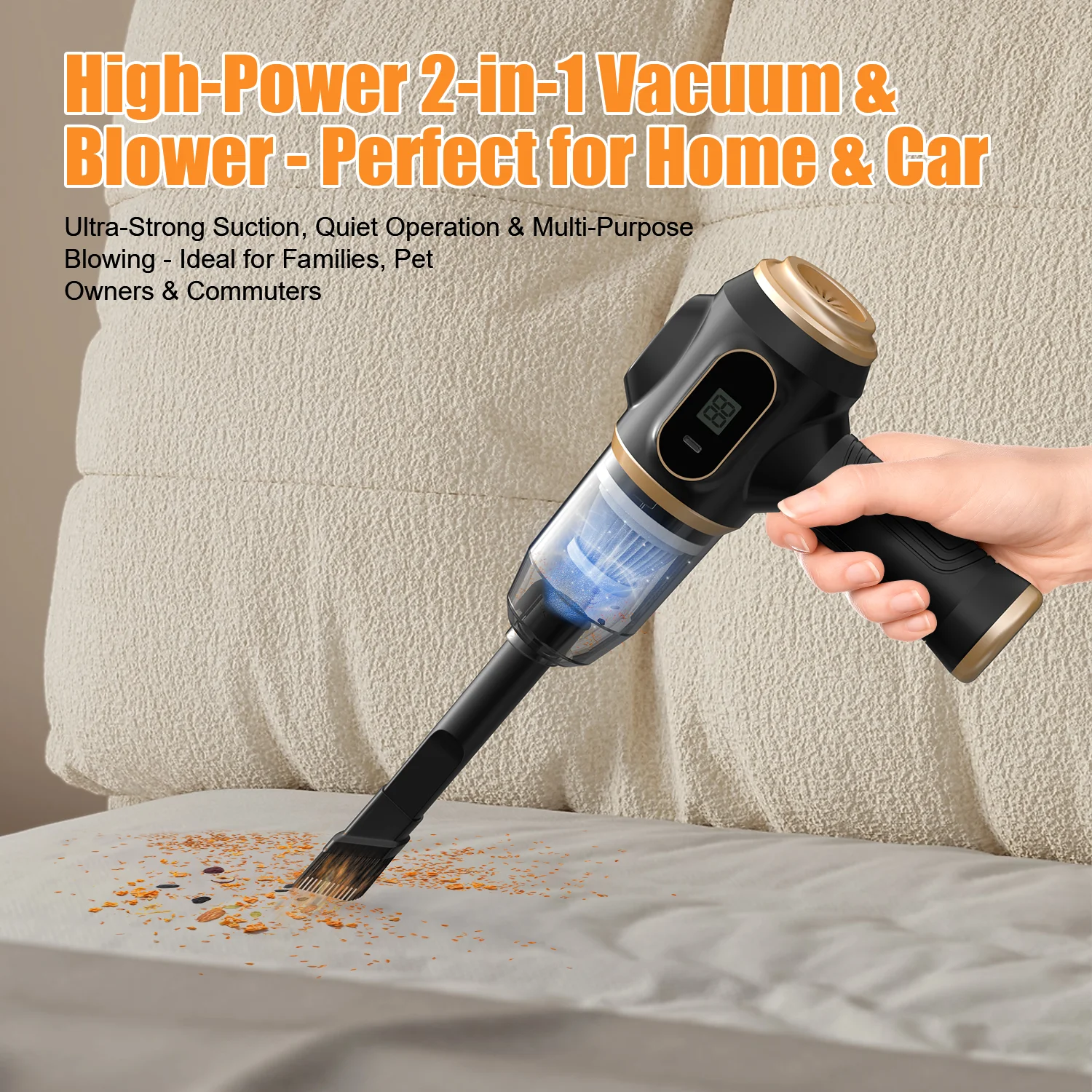 

Low-noise 20dB handheld domestic and car vacuum cleaner with extended 1-hour runtime, USB charging port – a portable dust-clean