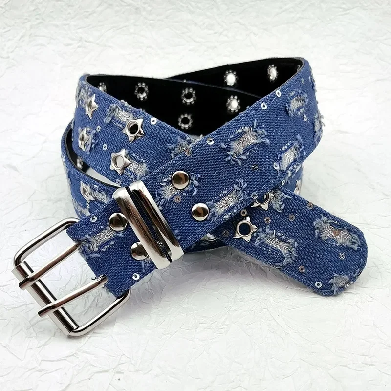 Double Row Star Belt Women Girls Y2K Retro Denim Blue Waist  display picture 1