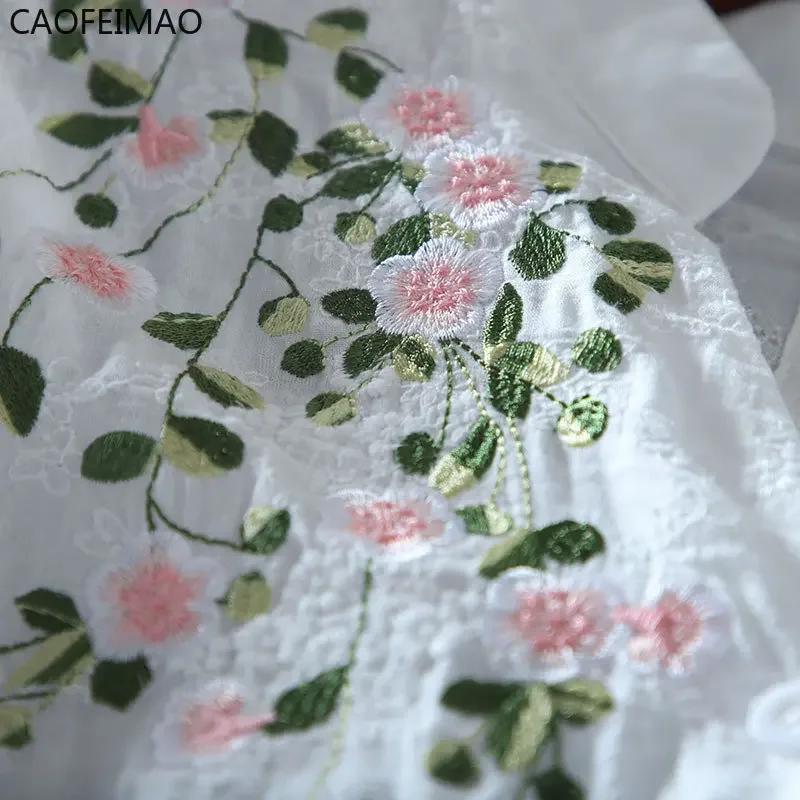 Literary Cotton Shirts for Women Embroidery Flowers Woman Blouses V-neck Half Sleeve Lace Blouses Summer Thin Top Female Shirt