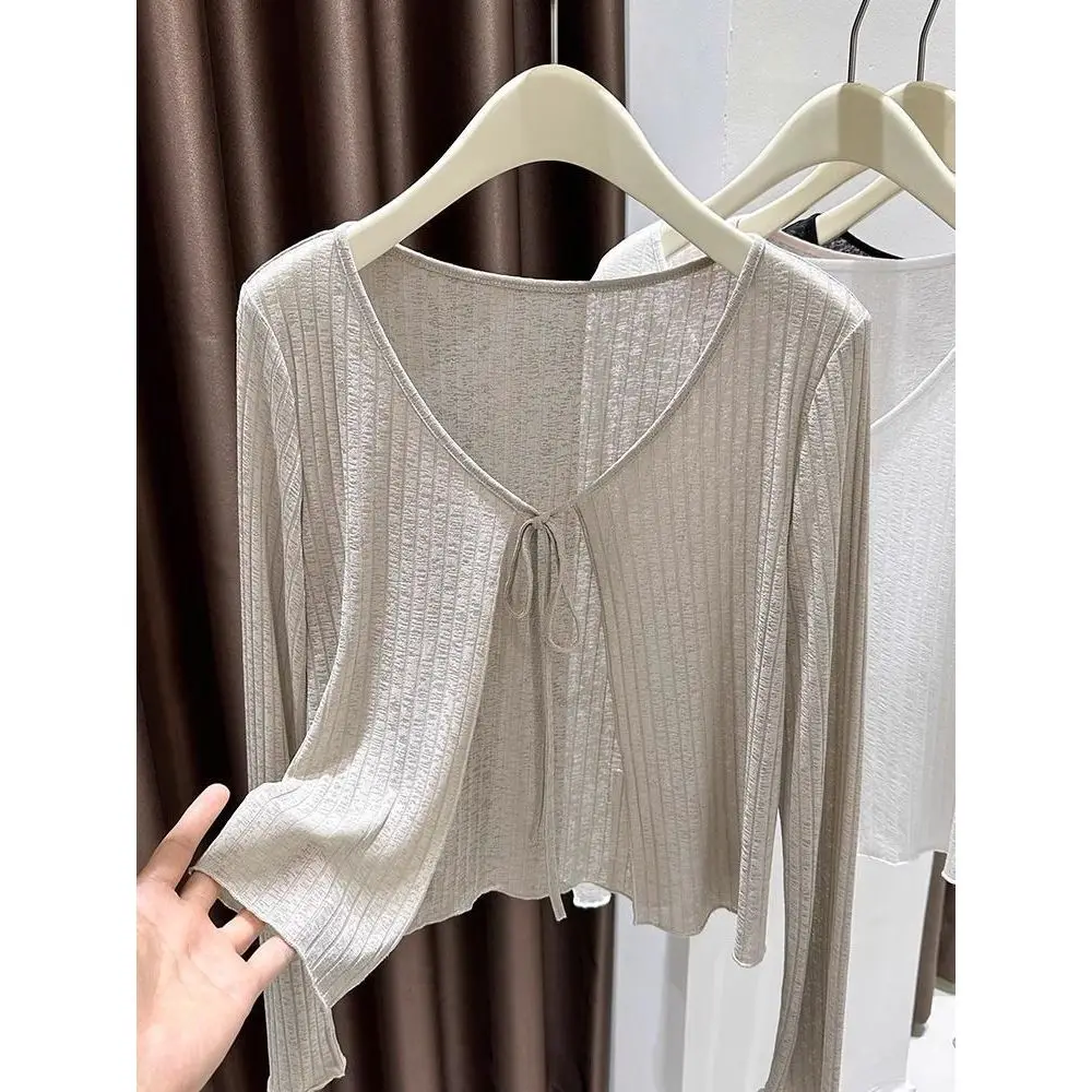 Korean Style Ice Silk Knitted Belted Open Cardigan Women's Summer New Thin Long Sleeve Cover up Top with Strap Dress Outerwear