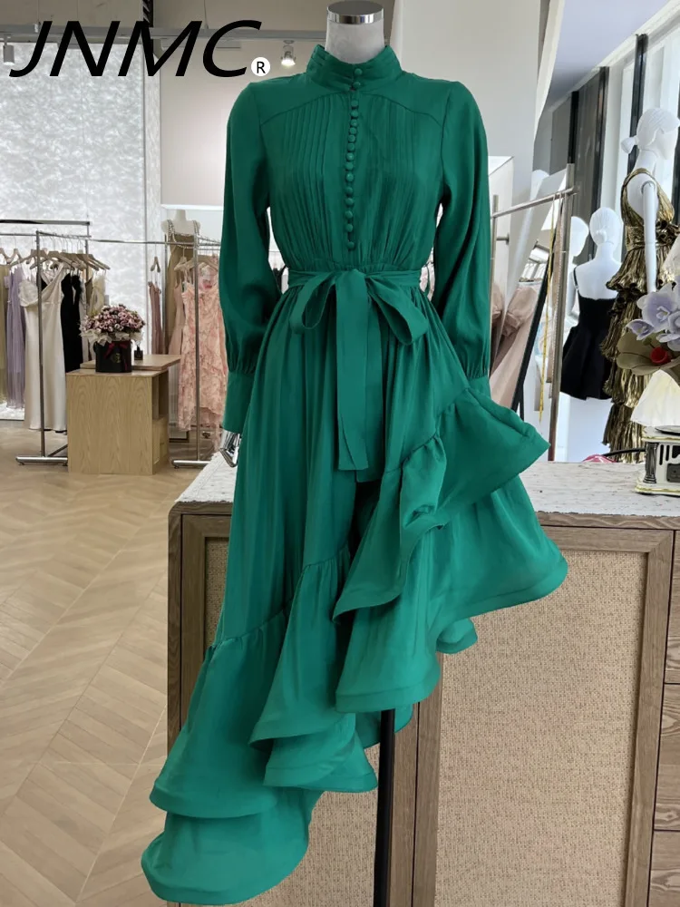 

JNMC Fashionable And Elegant Banquet Wave Edge Irregular Solid Color Long Sleeve Dress 2024 Spring Summer New Style For Women