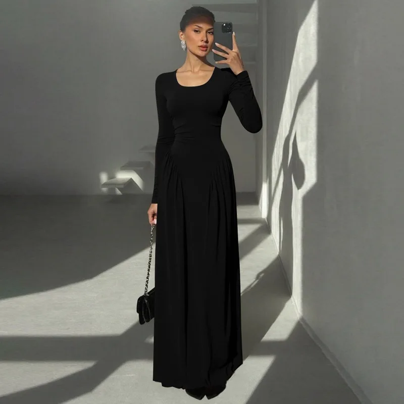 

Ticketsx Ladies Elegant Square Neck Long Sleeve Slim Maxi Dress Autumn Ruched Patchwork Dress Fashion Party Evening Vestidos