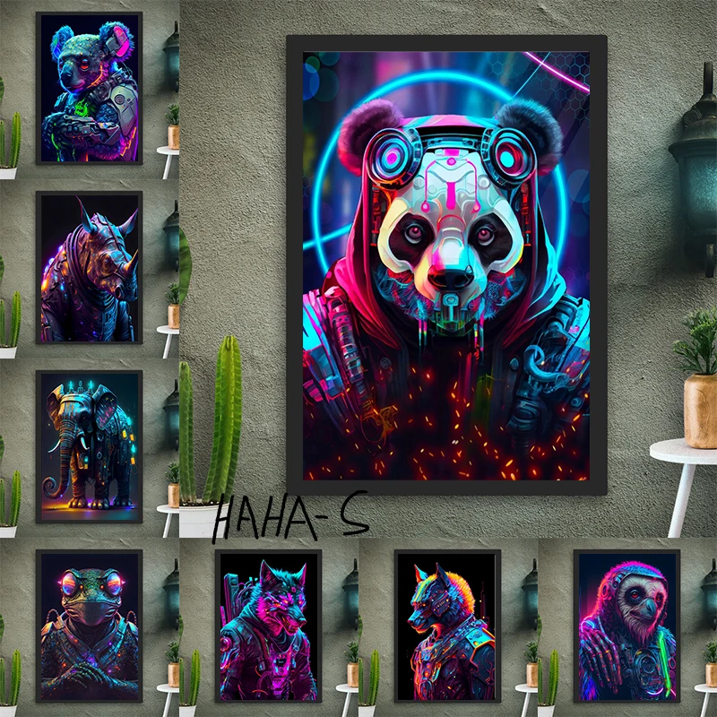 Neon Cyber Animals Armored Animals Poster Canvas Printing Neon Cyberpunk Animals Wall Decoration Morden Home Room Wall Art Decor