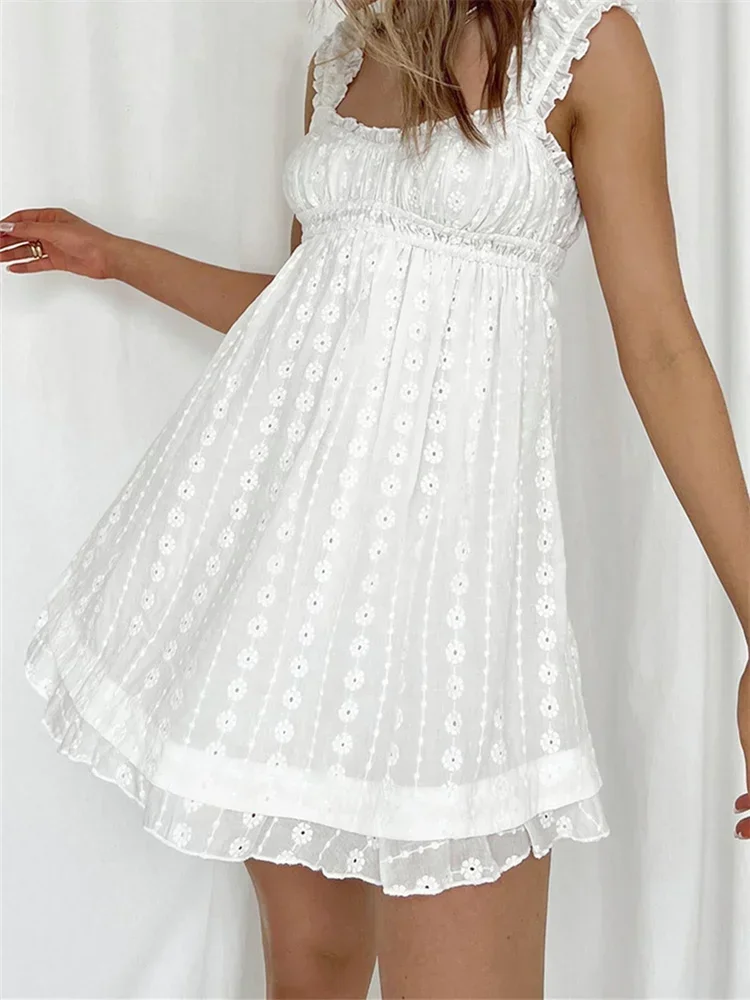 

Women Summer Sleeveless Dress Floral Embroidery Hollow Loose A-line Dress for Party Beach Club Streetwear