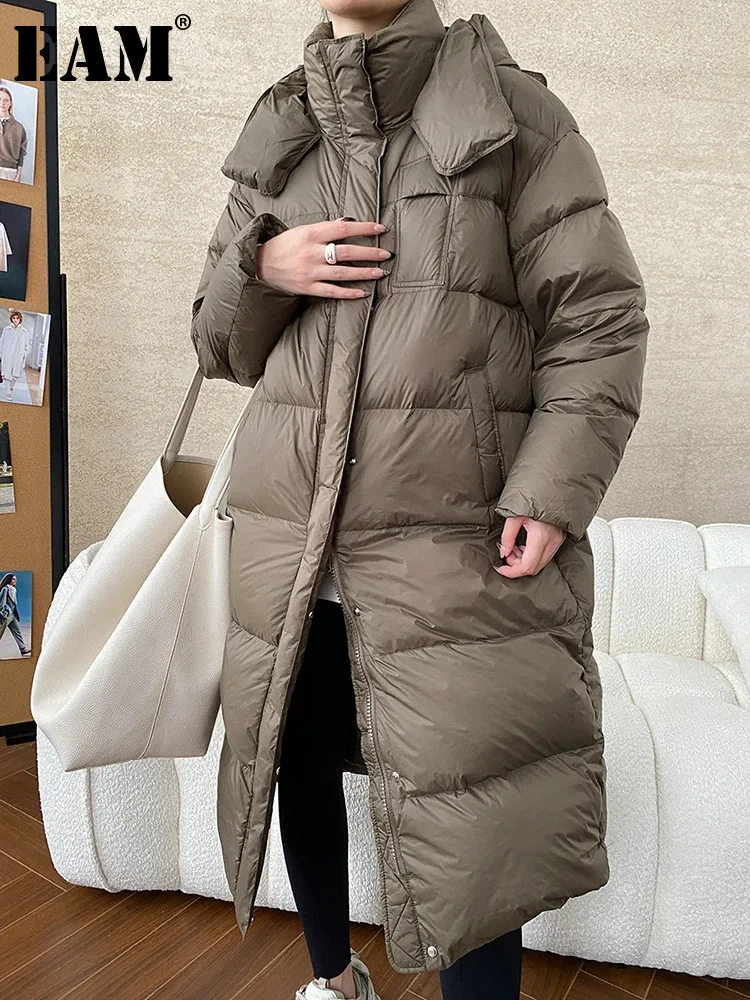 [EAM] Kaffee Große Größe Warme Lange Unten Jacke Neue Mit Kapuze Langarm Warme Frauen Parkas Mode Flut Herbst winter 2024 1DH7894