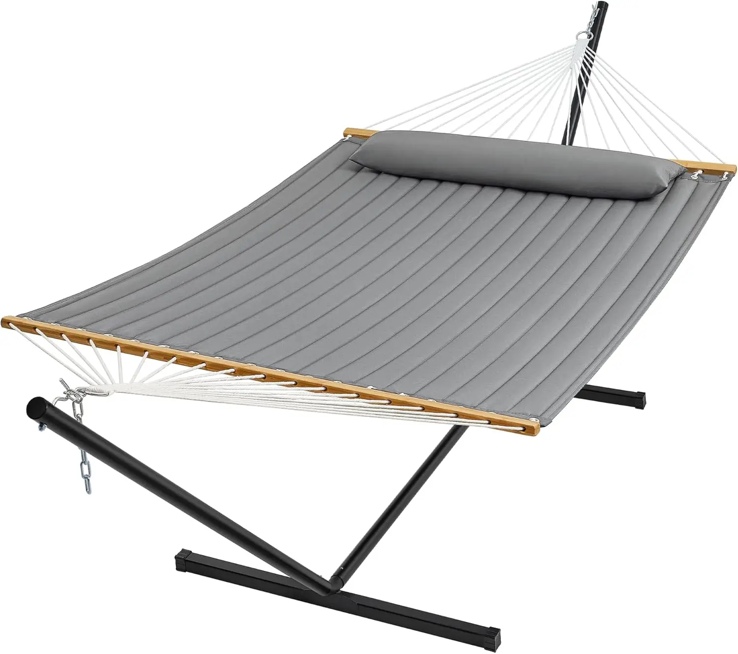 

Hammock with Stand, 2 Person Quilted Outdoor Hammock, Detachable Pillow & Bamboo Spreaders, Portable