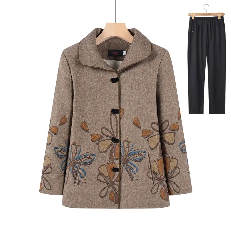 Grandma Jacket Outwear Two Piece Set Spring Autumn Mom Woolen Coat Fabric Square Neck Tops Pant Set Old Lady Fashion Outfit 5XL