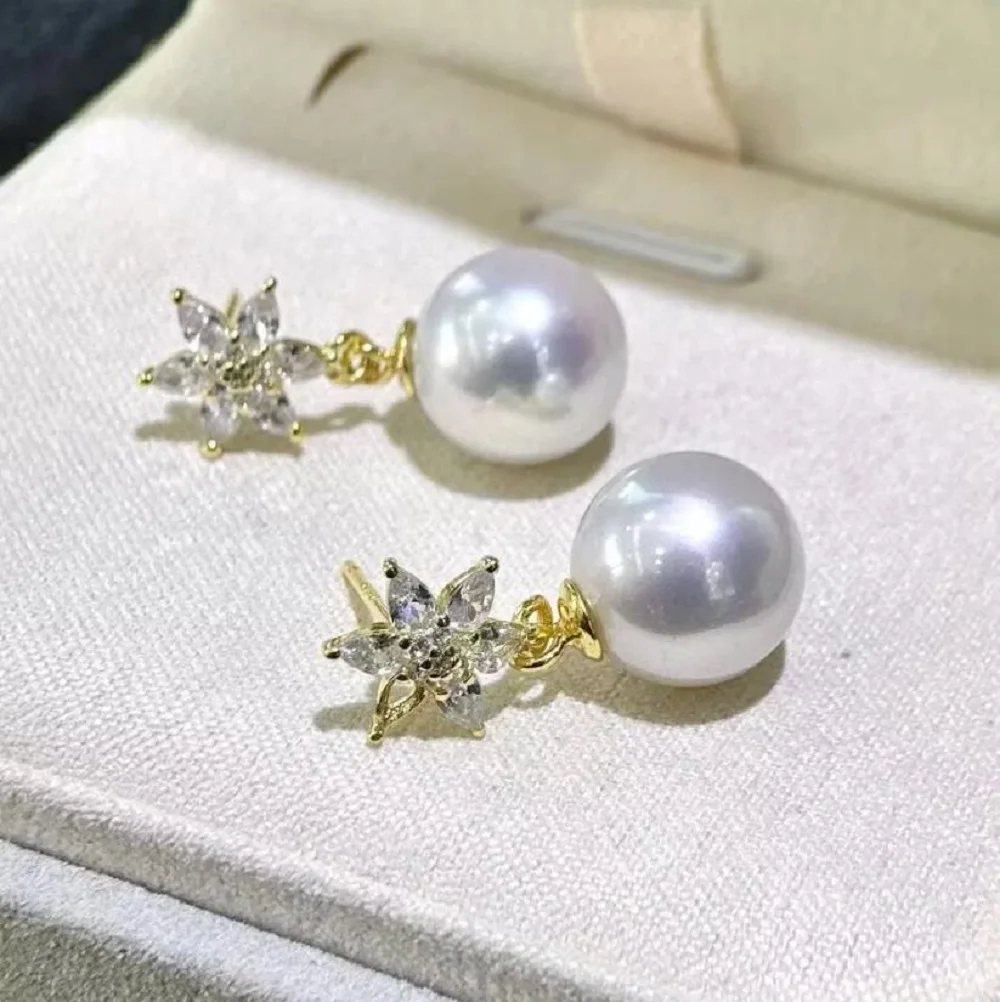 

Gorgeous Pearl Earrings AAA10-11mm11-12mm 12-13mm Natural South Sea Round White Pearl Pendant Earrings 925s
