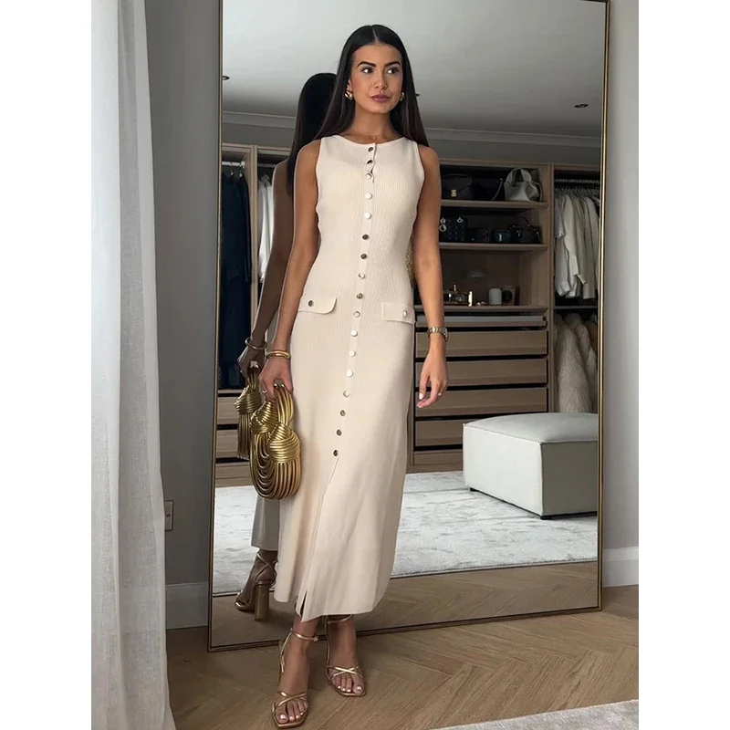 Bonny Abito lungo aderente lavorato a maglia estivo senza maniche o collo da ufficio elegante con tasche finte