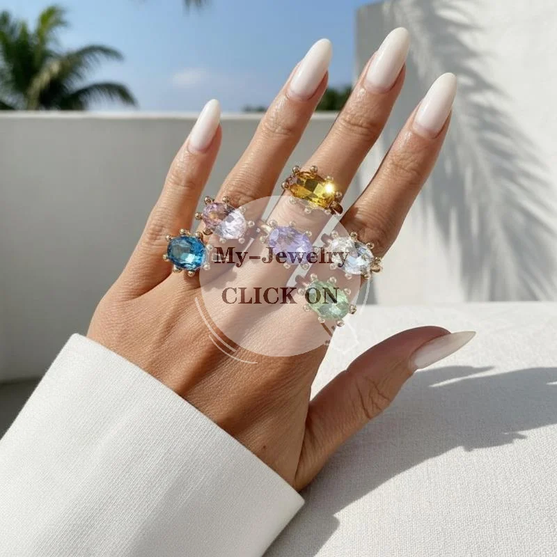 Waterproof Geometric Rhinestone Opening Rings for Women Dainty Colored Gemstone Jewelry for Birthday Gift for Her