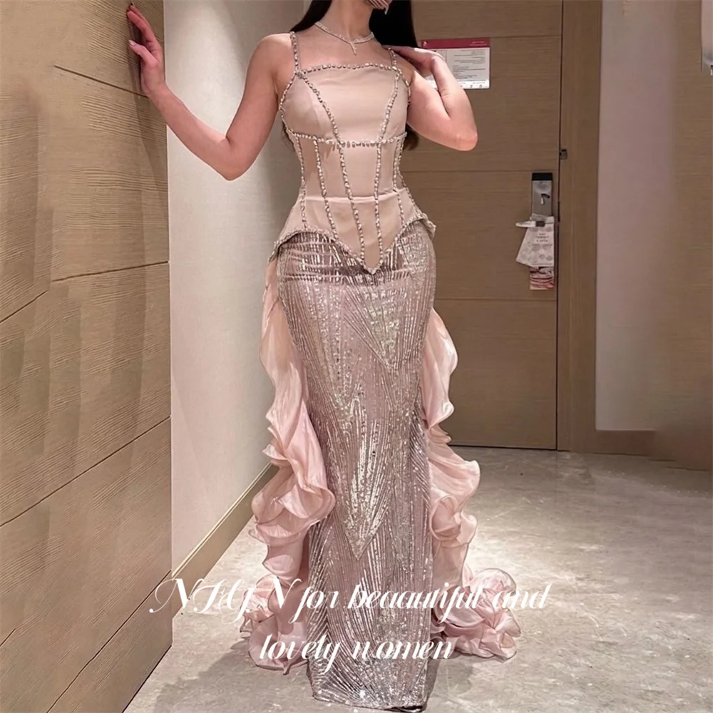 

NFYN Pink Party Dresses Spaghetti Strap Sleeveless فساتين السهرة Mermaid Night Dresses Crystal Trim Celebrity Dress Customized