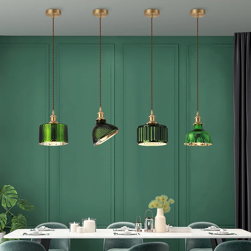 Glass Pendant Light Hanging Lamp Copper Lamp Brass Creative Minimalist E27 Green Lampshade Restaurant Light Ceiling Chandeliers