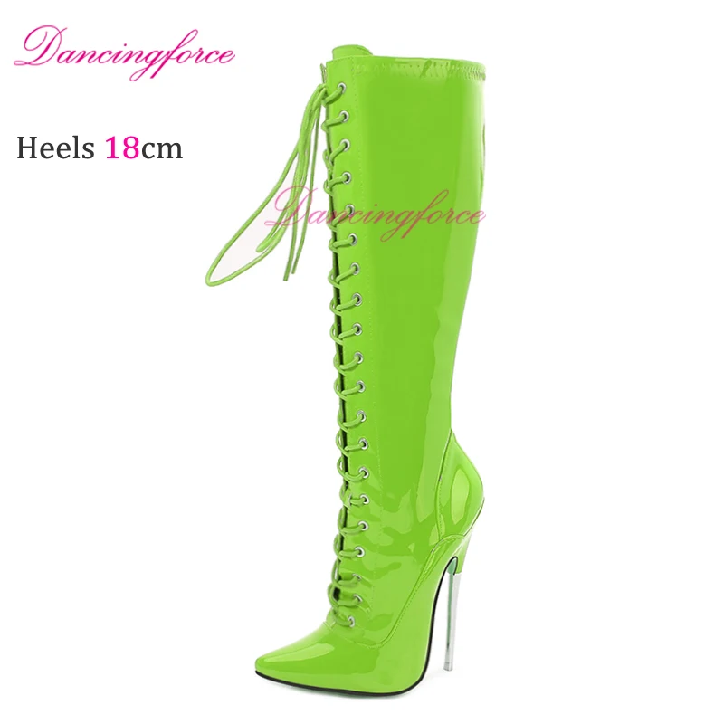 Sexy 18cm Metal Heels Fetish Stiletto Heel Vintage Knee High Boots Lace-up Pointed Toe Shoes LADIES Large Size Eu46