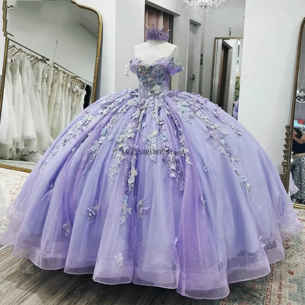 ANGELSBRIDEP Glitter Lilac Ball Gown Quinceanera Dresses Crystal 3D Appliques Floral Lace Mexican Graduation Gowns Customized