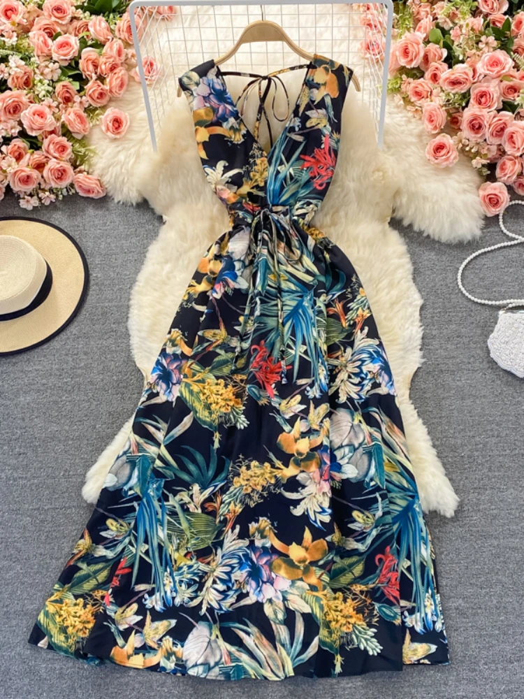 Vestido largo bohemio con estampado Floral para mujer, traje Sexy con Espalda descubierta, cuello en V, sin mangas, corte en A