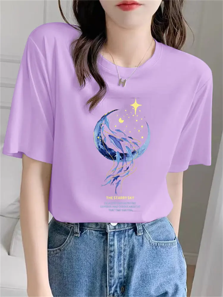 Casual Loose Printed T-Shirt Women's Short Sleeve Summer Thin Breathable Slimming round Neck Top Fashionable Cotton Blend