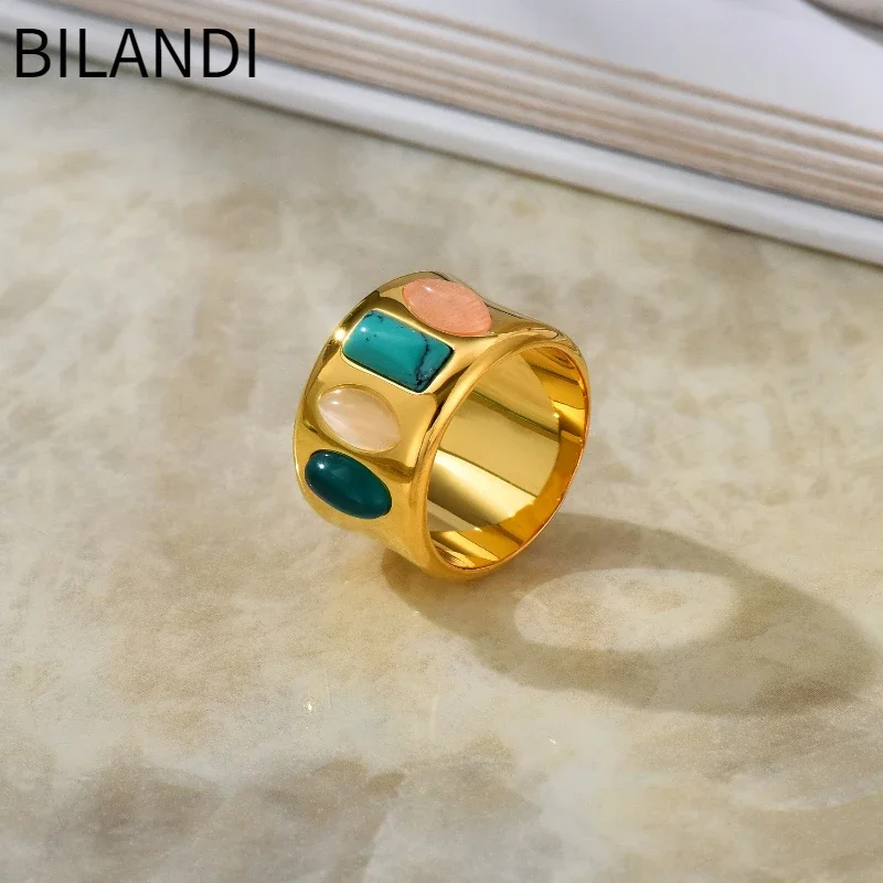 Bilandi Fashion Jewelry Blue Green Stone Ring Vintage Temperament Hot Sale Metallic Gold Color Ring For Women Lady Gift