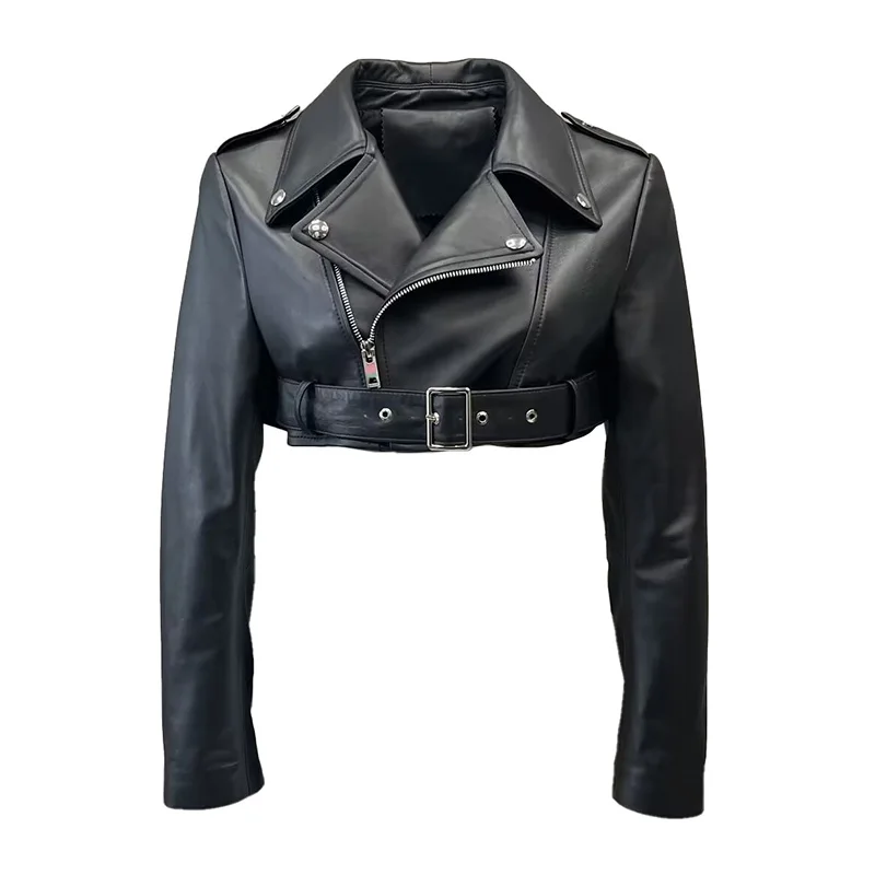 Jancoco Fashion Motorcycle Leather Coat Women Black Cropped Real Sheepskin Leather Jacket