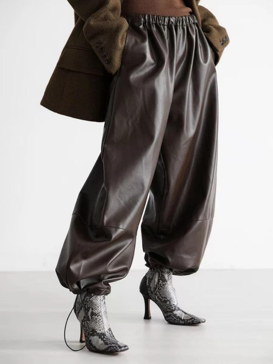 Pantaloni lanterna larghi in pelle PU Pantaloni Dstring Pantaloni lunghi a vita bassa a gamba larga Pantaloni casual in pelle da donna