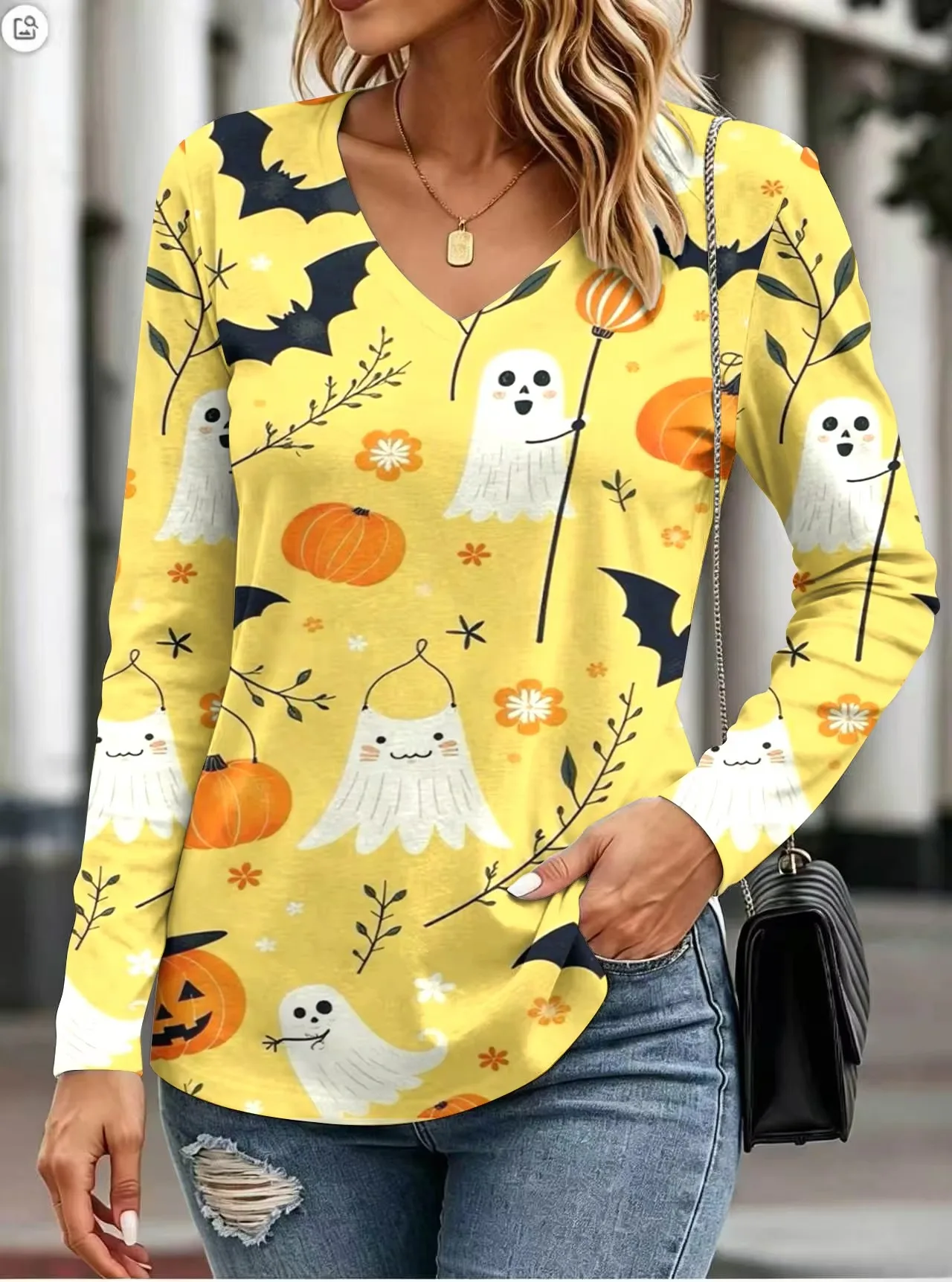 Women's Casual Tops Street Style Halloween Pumpkin Head Funny 3D Print Women's Loose V-Neck Long Sleeve T-Shirt Holiday T-Shirt 9 S1451e6180a874749a3b92544605294a3R