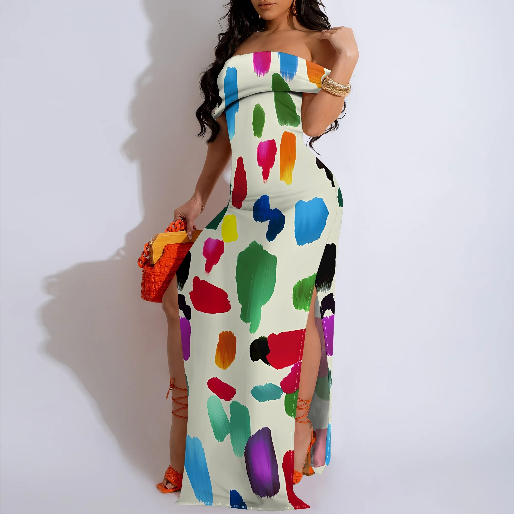 

Womens Sexy Casual Dresses for Curvy Women 3D Printed halterneck dress Short Sleeve Off-shoulder Splits On Both Sides Maxi Dres