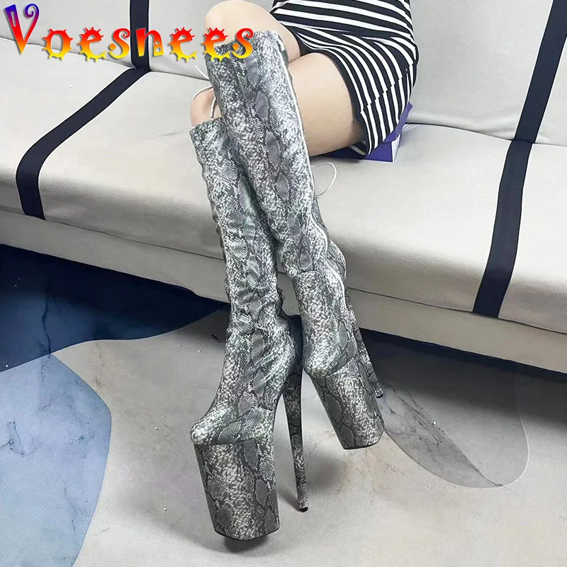 New Design 2022 Women Fashion Knee-High Boots Snake Grain High Heels Pumps Round Head Platform Side Zipper Party Club Lady Shoes