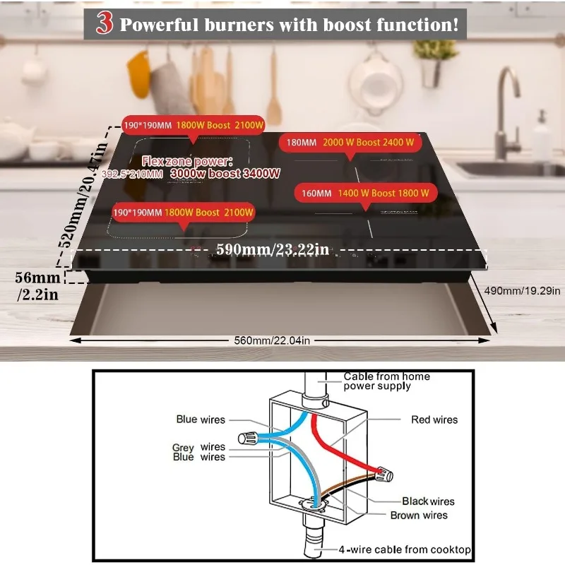 Induction Cooktop 4 Burner, 7400W 24'' Built-in Induction Stovetop with Flex Zone,Child Safety Lock Slider Control Black Glass