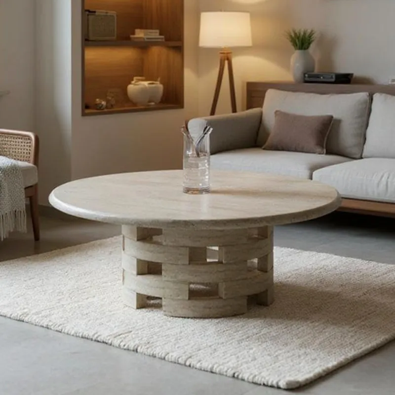 Natural limestone round coffee table, retro marble coffee table, suitable for living room and coffee shop