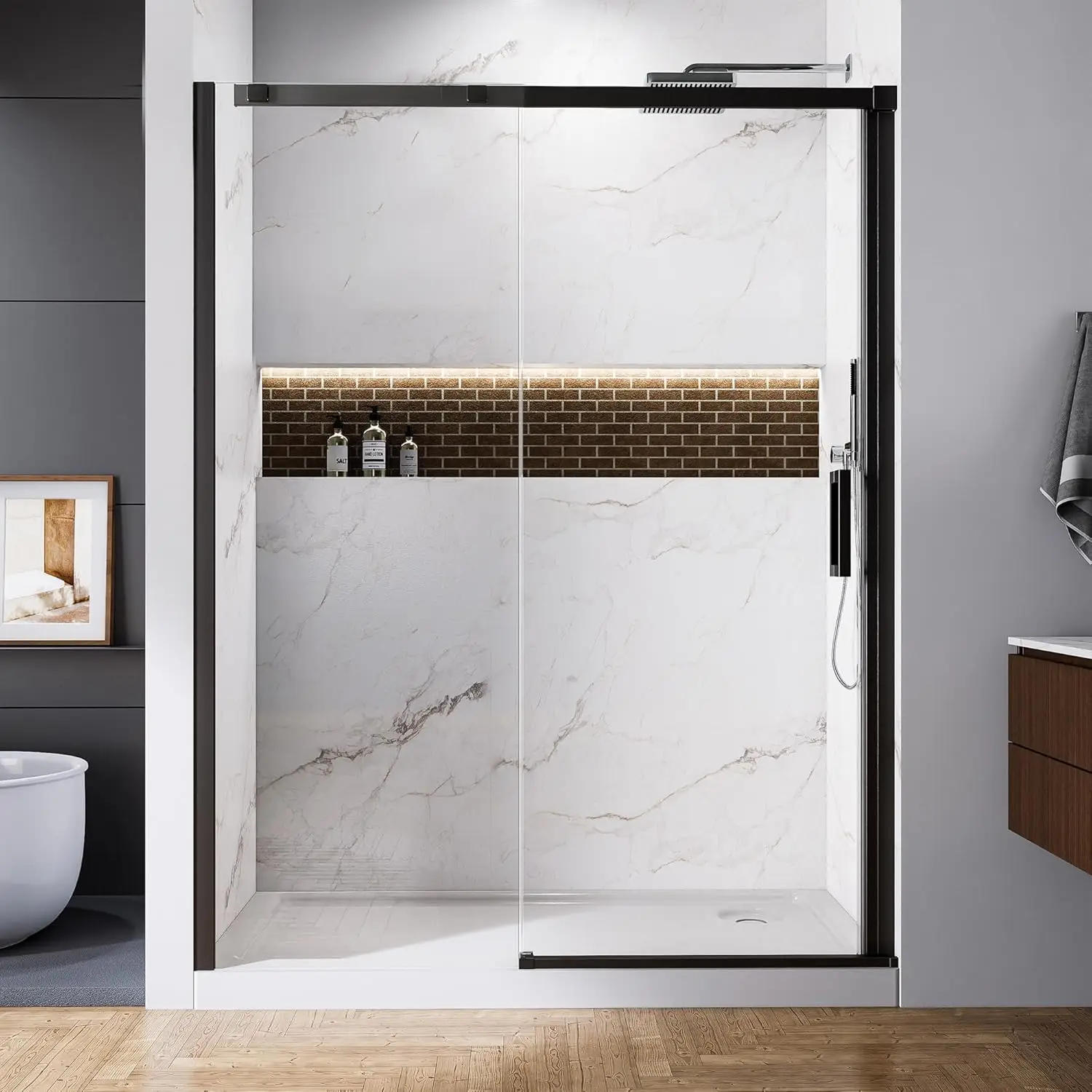 

56-60" W x 74" H Frameless Glass Sliding Shower Door in Matte Black Finish,5/16" (8mm) Clear SGCC Tempered Glass