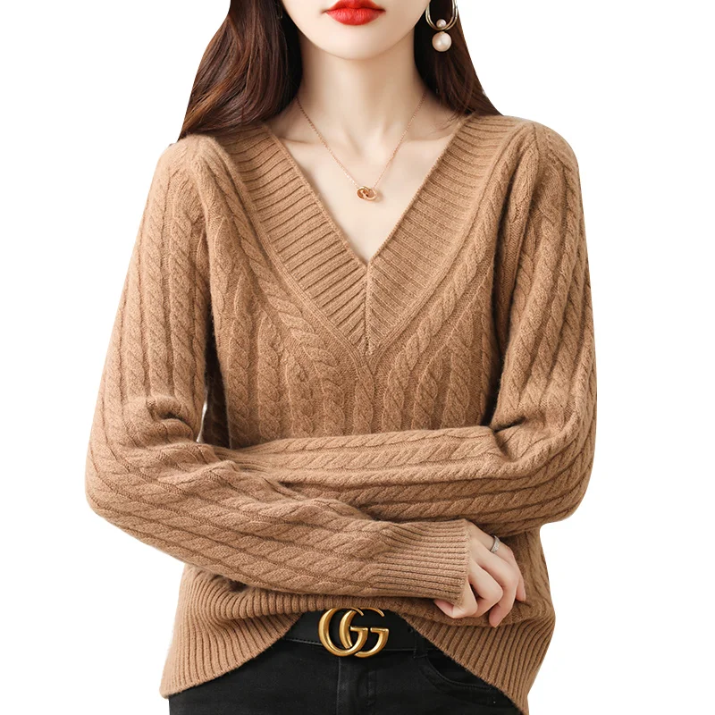 Suéter largo de lana de punto Thiened para mujer V-Ne Loose Fit Camere Otoño Invierno nuevo Sle Eurodr prendas de punto