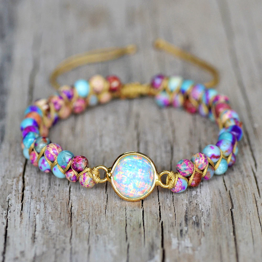 Bohemia White Opal Charm Bracelet para Mulheres, artesanal Jasper Imperial, frisado, Pedra de Cura, Pulseiras Envolvidas, Presente