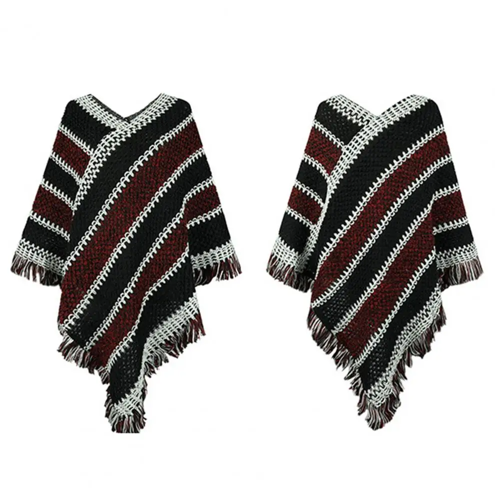 

Shawl Coat Warm Knitwear Cold Resistant Striped Print Fringe Trim Loose Shawl Coat Knitted Cape Streetwear