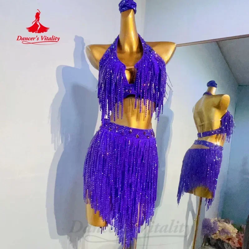 

Latin Dance Competition Clothing for Women Customized High-end Luxury Rhinestone Tassel Set Tango Samba Performance Costumes