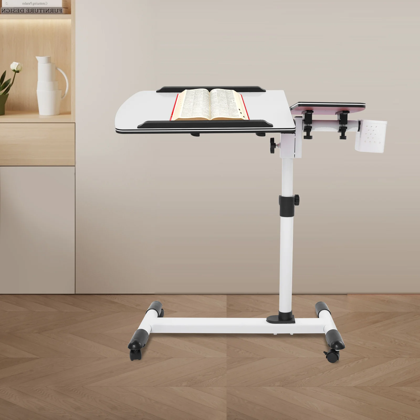 

Tilting Over-Bed Table with Wheels - Height Adjustable, Wheeled Bedside Desk, Ideal for Bedroom & Recovery Use