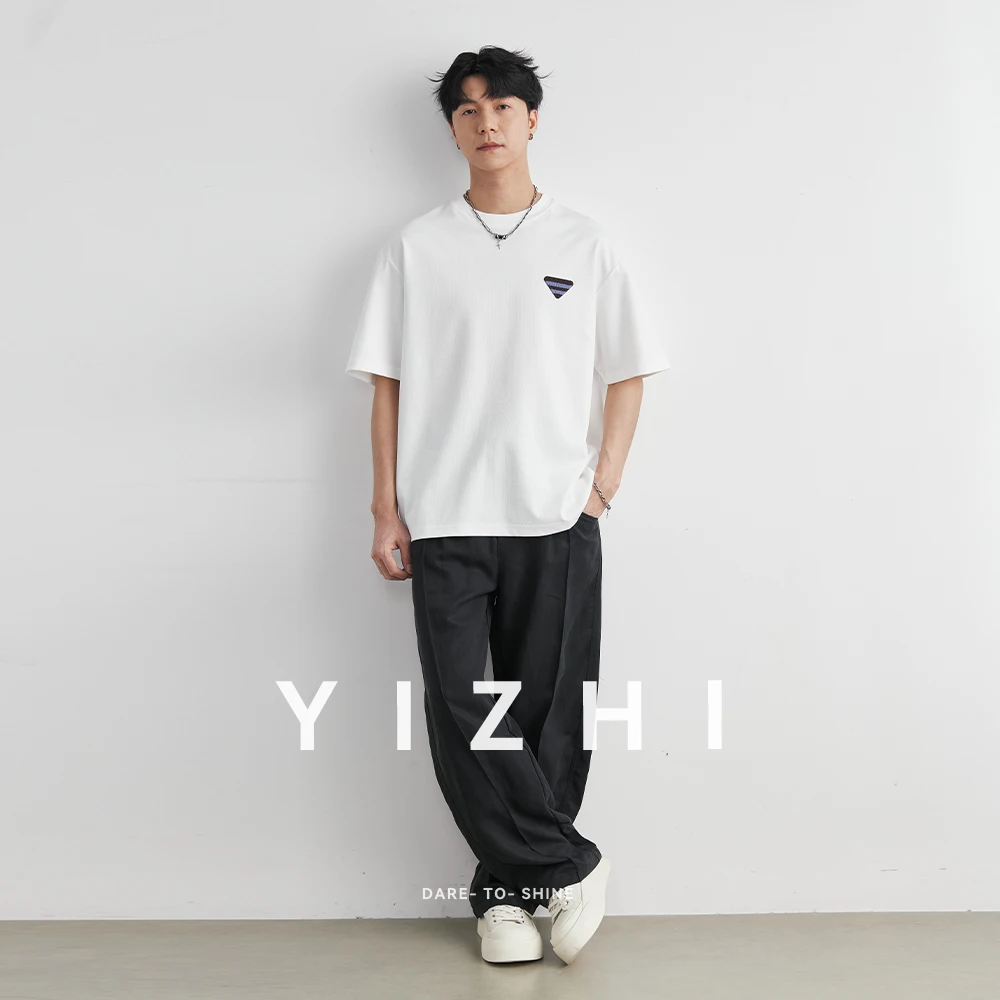 Men's Light Mature Triangle Label T-Shirt Summer Heavyweight 220g Cotton Crew Neck Loose Comfortable Breathable Short Sleeve