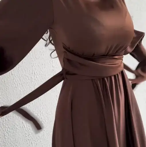 

Womens Dresses 2025 Spring New Solid Color Long Sleeved Round Neck Lace Up Casual High Waist Slim Fit Temperament Long Dress
