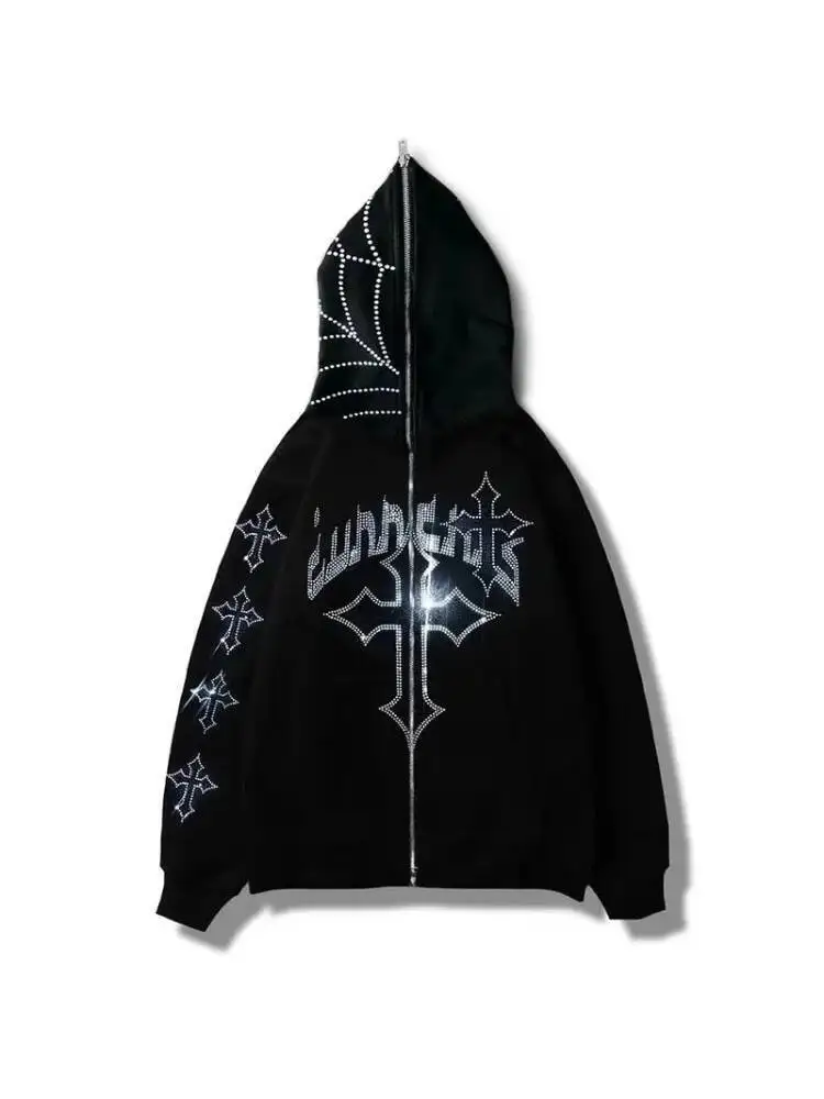 Unisex Hoodies High Street Casual Hip Hop Jacket Autumn Winter New Trendy Rhinestone Print Metal Zip Sweatshirt Cardigan