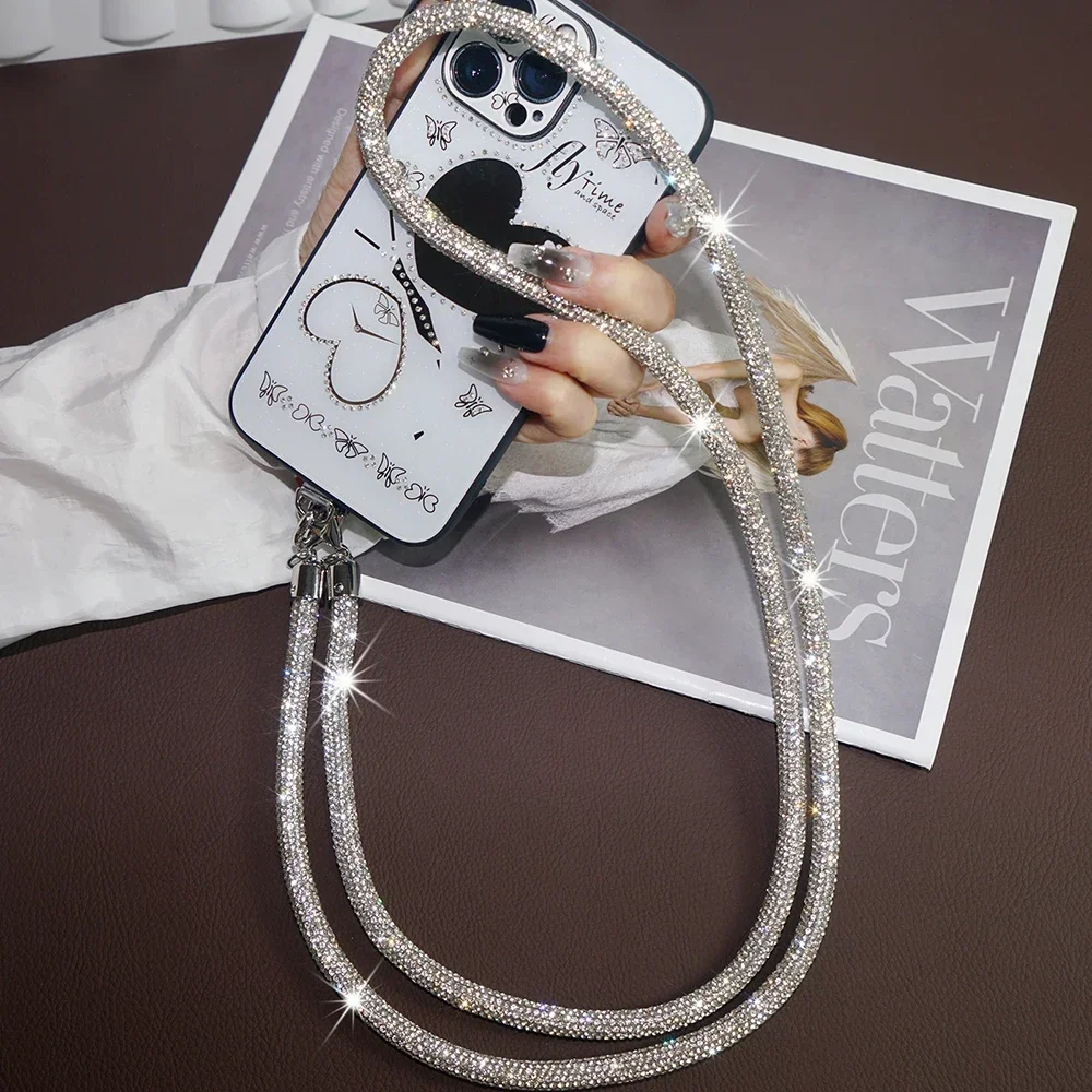 For Mobile Phone Case Crossbody Neck Shoulder Cord Strap Rhinestone Trim Cotton Core Base Lanyard Pendant Anti-Lost Sling Chain