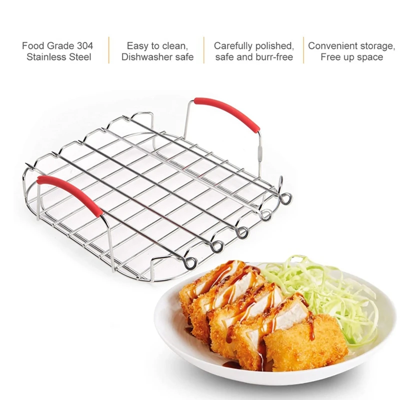 

1 Piece Versatile Square Roasting Grill With Skewers Baking Tray 9 Inch Airfryer Grill Rack Airfryers Holder