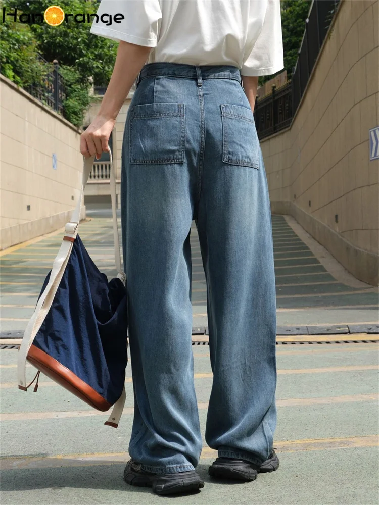 HanOrange 2024 Summer Fashion Lyocell Curved Wide Leg Jeans Women Cool Comfortable Breathable Long Pants Denim Blue