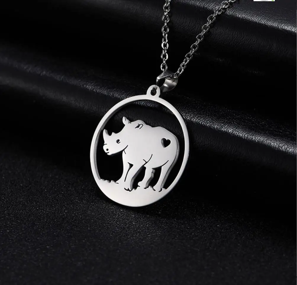 1PC Heart Mascot Rhinoceros Necklaces Wild Animal Rhino Choker Fashion Stainless Steel Neck Jewelry Women Men Gift F1110