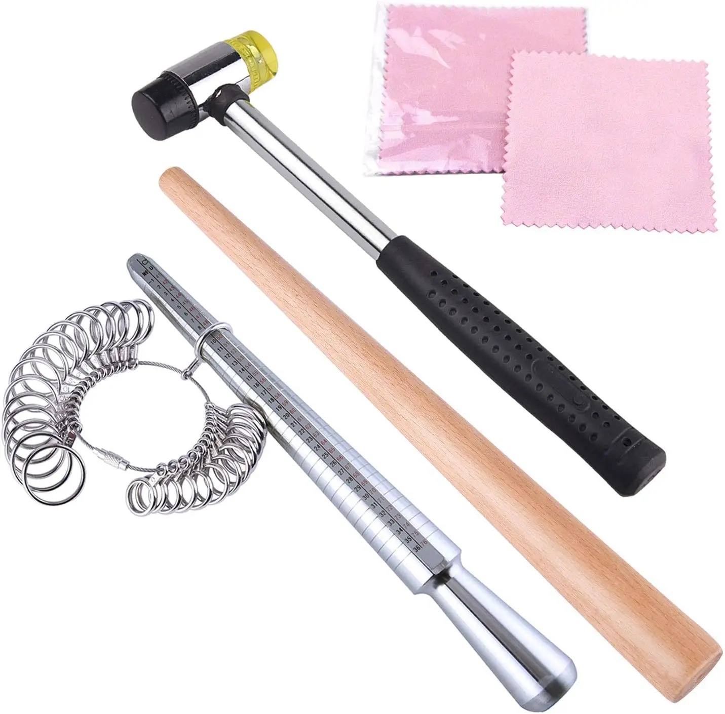 5Pcs Ring Making Tool Kit, Ring Sizer Gauge, Metal & Wood Mandrel, Nylon Mallet, Polishing Cloth for Jewelry Craft