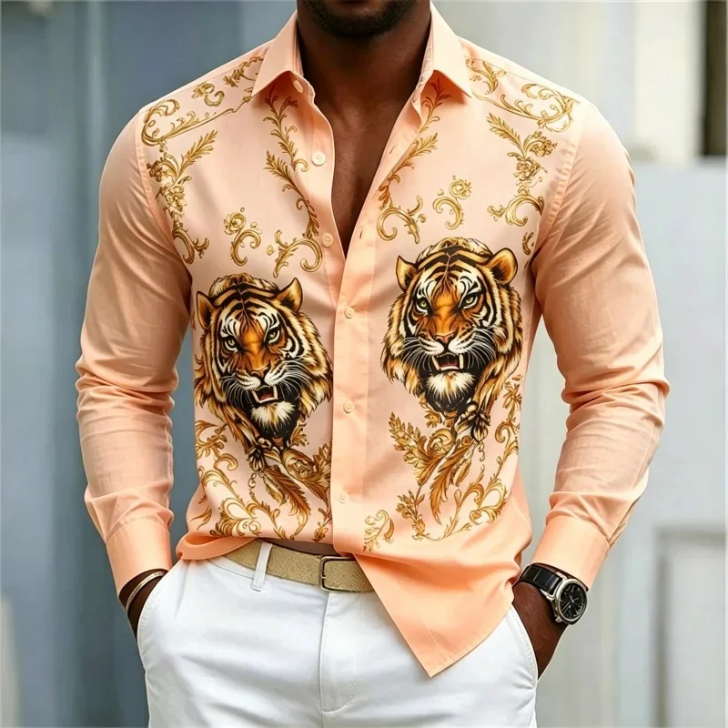 Men's shirt solid color tiger print long sleeved shirt light luxury Baroque style business casual shirt loose collar casual shir