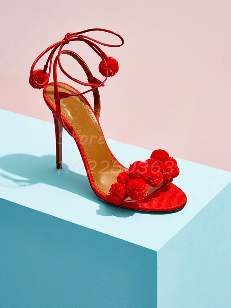 

Novelty Red Pompom Thin High Heeled Sandals Round Toe Ankle Straps Slender Stilettos Sandals Lace-up 2024 Women Elegant Shoes